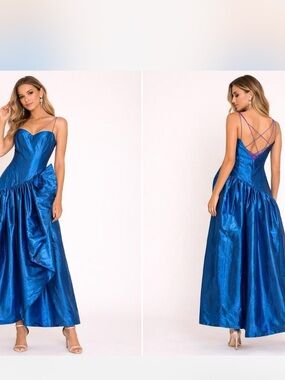 Vintage 1980s Metallic Blue Prom Dress Fairycore Princess Gown M